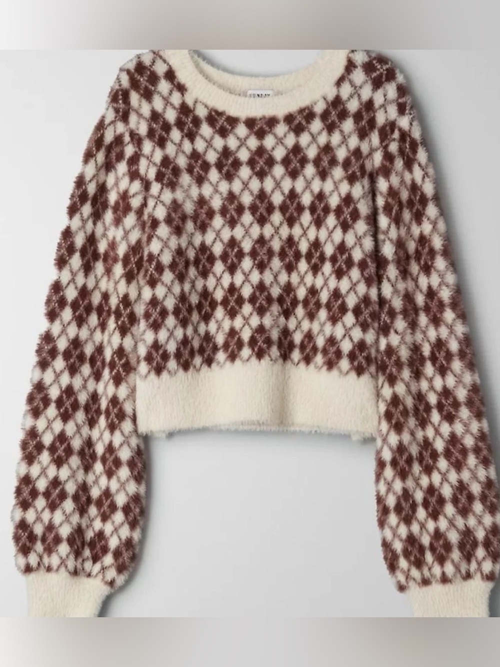 Aritzia Sunday Best kitten sweater argyle print cream brown size small